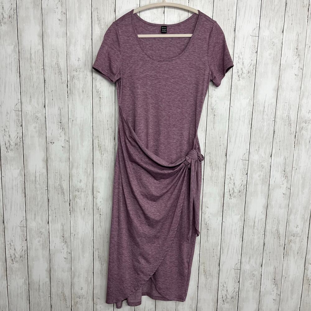 Effordram Purple Faux Wrap Midi Dress Medium Short Sleeve Stretch Knit Casual